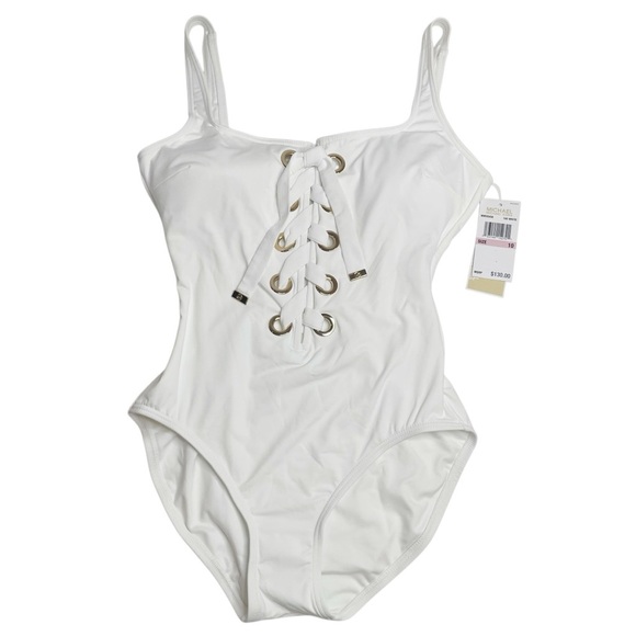 Michael Michael Kors Lace Up One Piece Swimsuit White Size 10 New - Picture 1 of 6